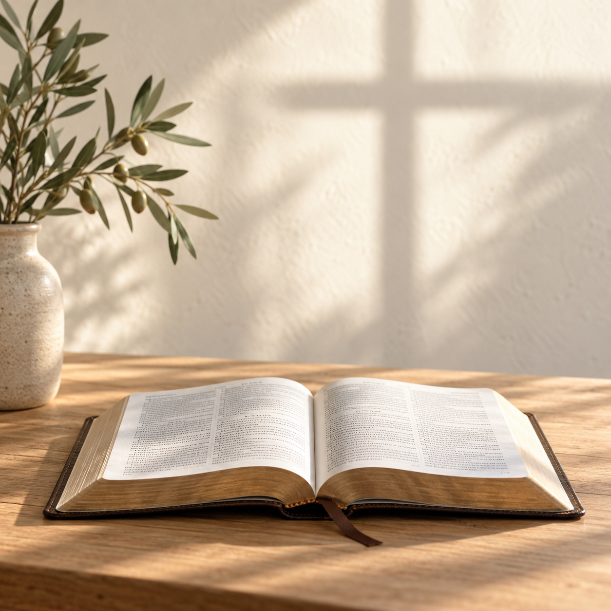 An open Bible in warm light, with a cross-shaped shadow on the wall